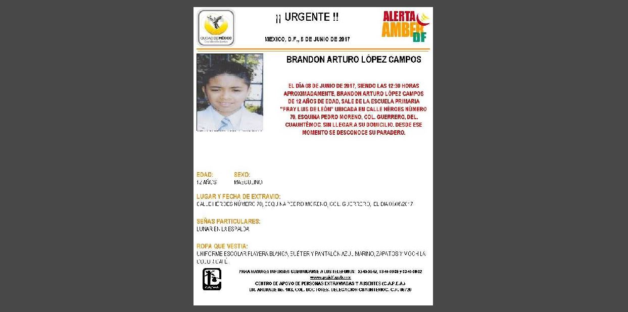 Activan Alerta Amber para localizar a Brandon Arturo López Campos