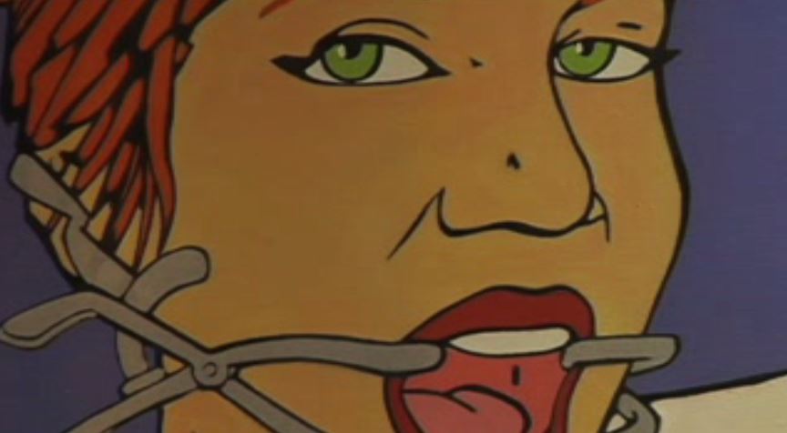Caricatura de mujer con arnés en la boca 