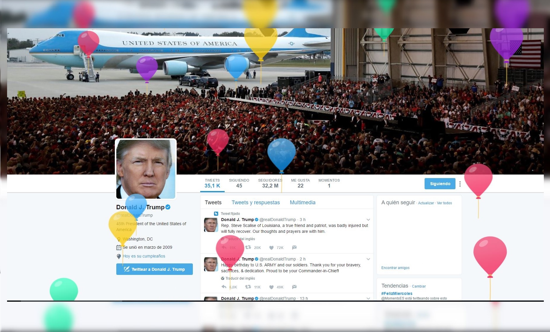presidente de EU, Donald Trump, cumpleaños, globos, Twitter