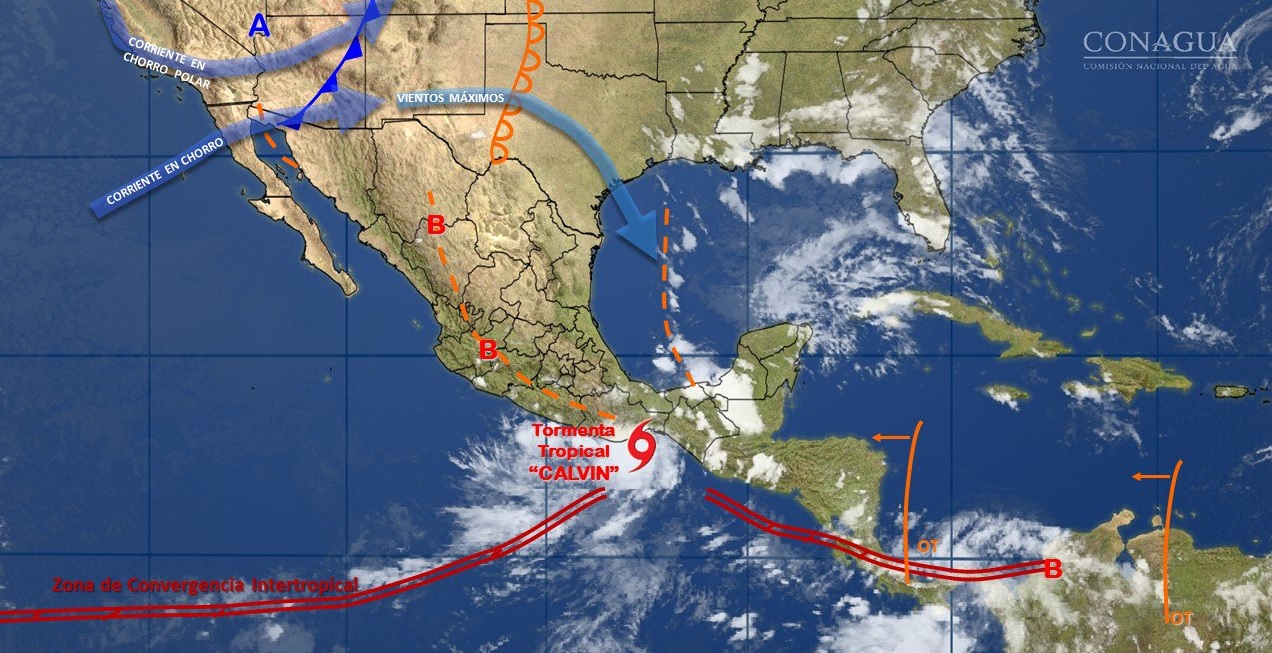 Tormenta tropical, Calvin, Toca tierra, Oaxaca, Clima, Lluvias