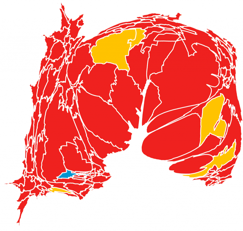 Mapa de las elecciones 2005. El rojo indica triunfo del PRI, el amarillo del PRD y el azul del PAN. Toca la imagen para verla más grande