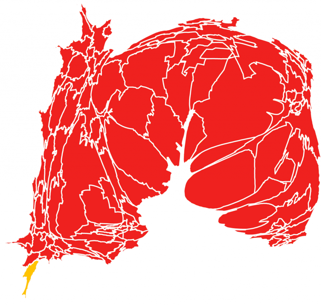 Mapa de las elecciones 2011. El rojo indica triunfo del PRI y el amarillo del PRD, Toca la imagen para verla más grande