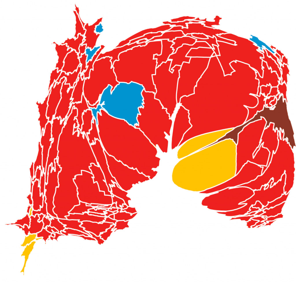 Mapa de las elecciones 2015. El rojo indica triunfo del PRI, el marrón de Morena, el amarillo del PRD y el azul del PAN. Toca la imagen para verla más grande