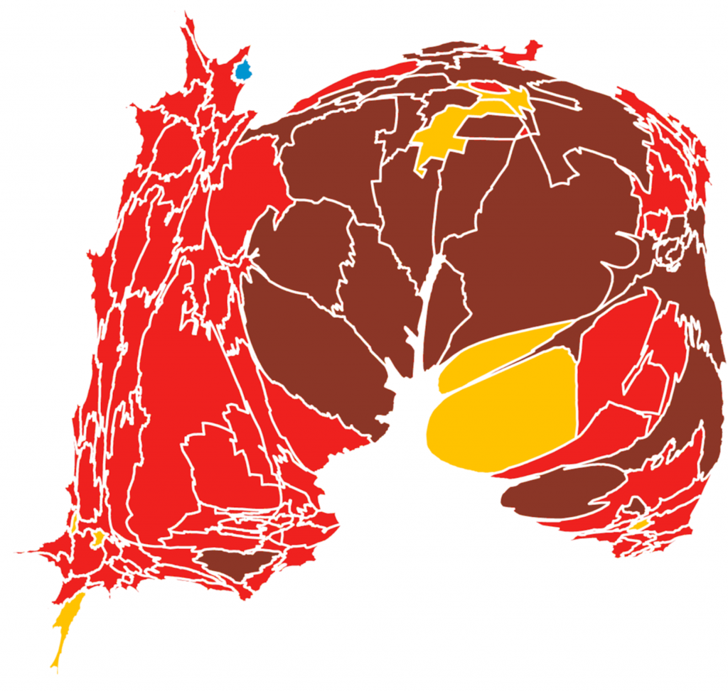 Mapa de las elecciones 2017. El rojo indica triunfo del PRI, el marrón de Morena, el amarillo del PRD y el azul del PAN. Toca la imagen para verla más grande