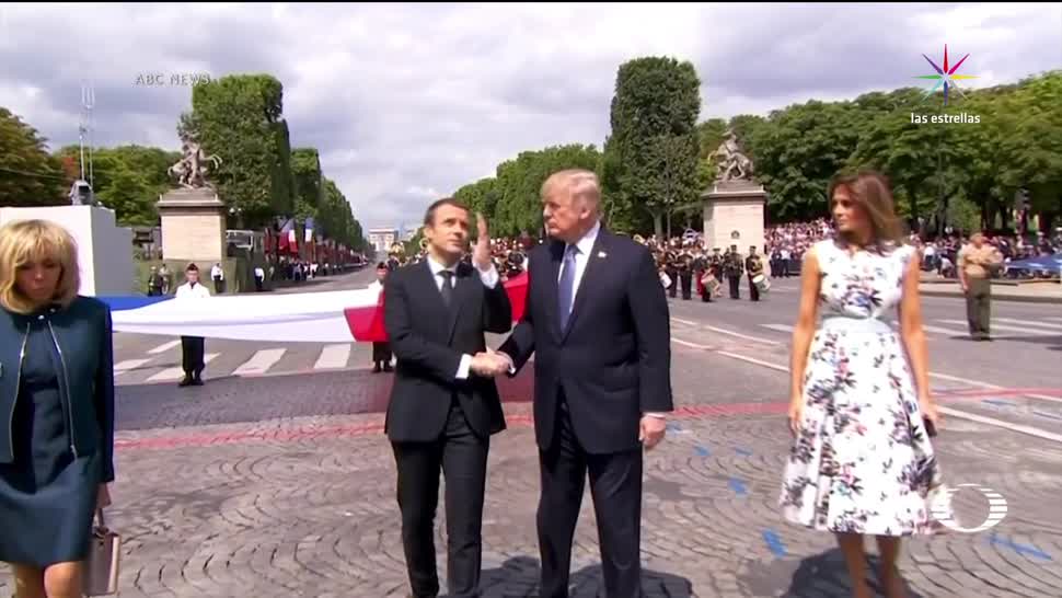 larguísimo, apretón de mano, Trump, Macron, París, desfile