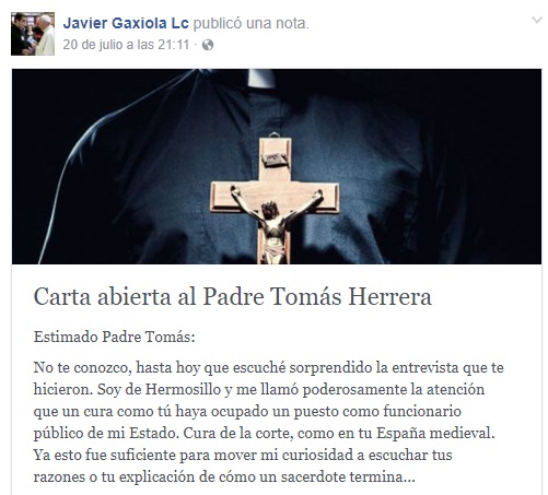 Carta abierta al Padre Tomás Herrera (Foto: Facebook Javier Gaxiola Lc)