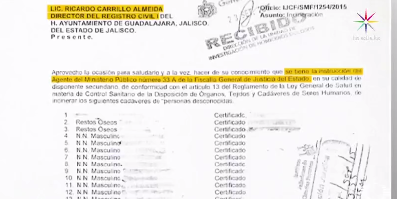 Documento donde se solicita autorización para incinerar cuerpos no identificados en Jalisco 