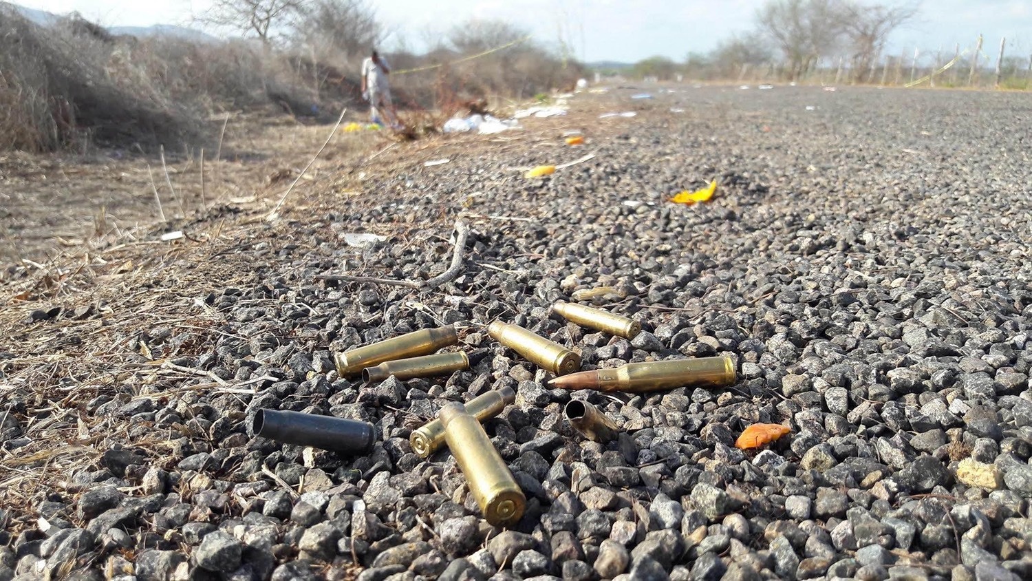 Casquillos en la zona del enfrentamiento en Villa Unión, Sinaloa