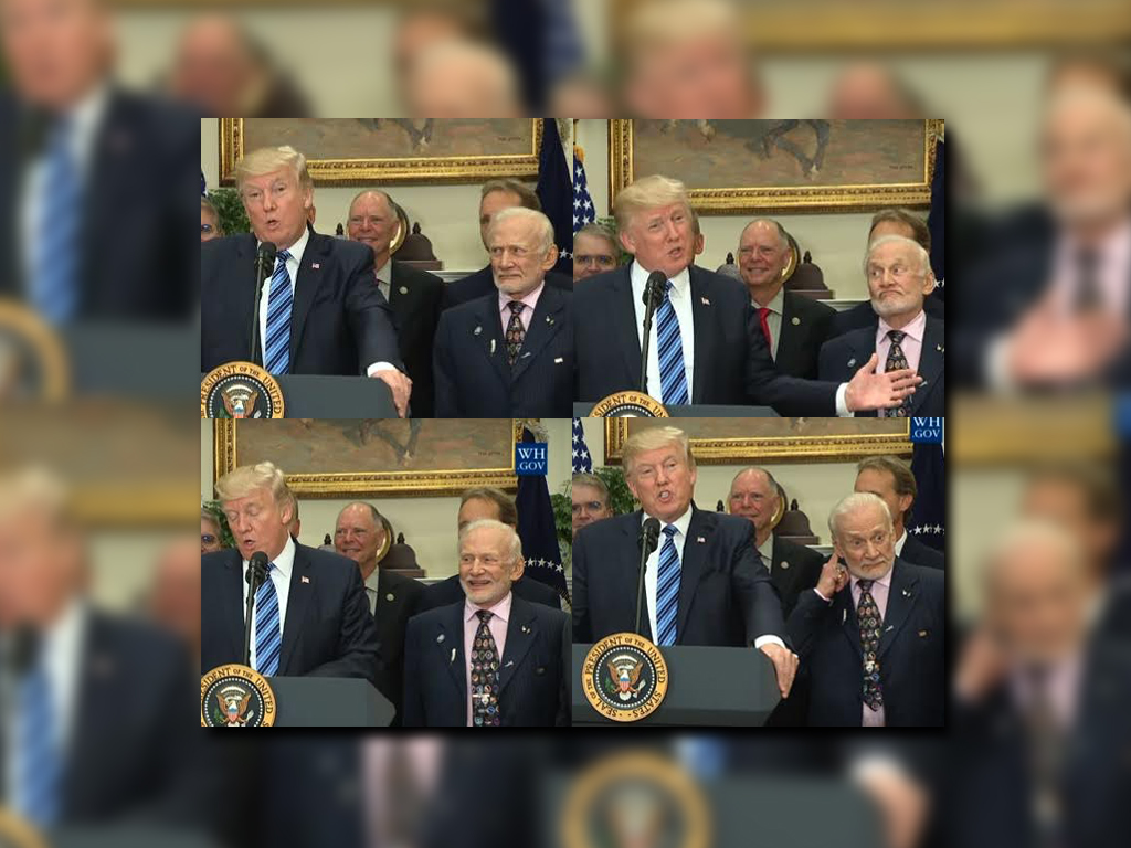 Expresiones hilarantes de Buzz Aldrin en el discurso de Donald Trump sobre el espacio (Foto: Youtube The White House)