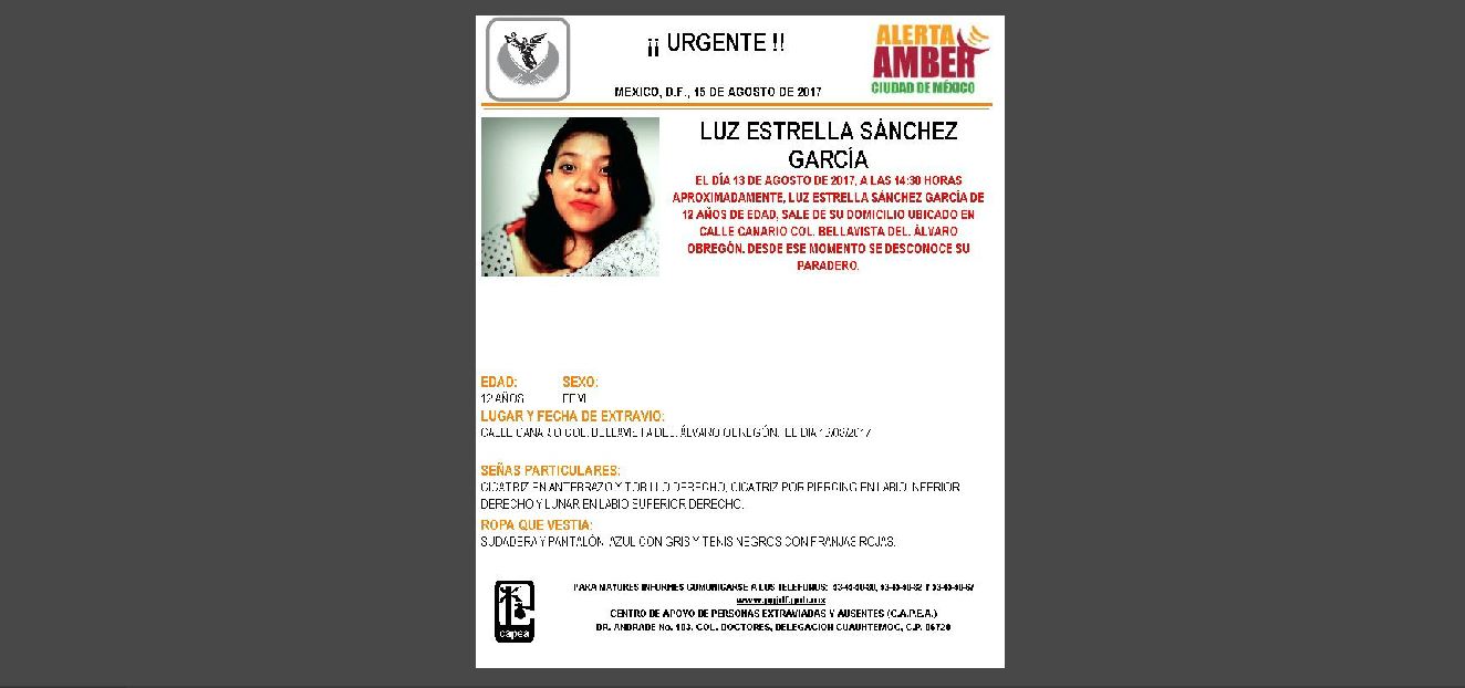 Activan Alerta Ámber para encontrar a Luz Estrella Sánchez García