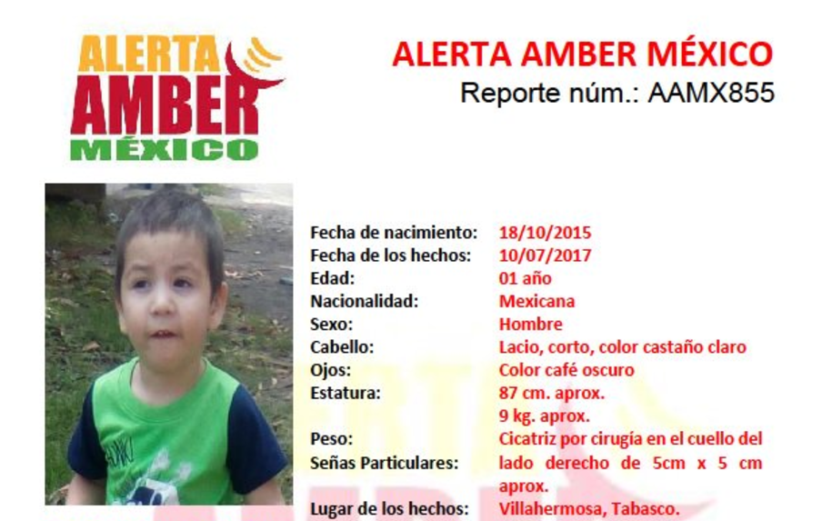 Ficha de Alerta Amber México por Rodolfo, menor robado en Tabasco (Alerta Amber)