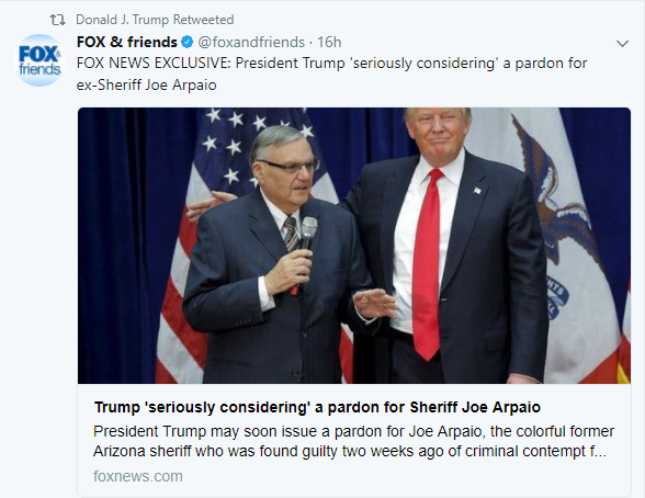 Donald Trump retuitea noticia de Fox News sobre Joe Arpaio 