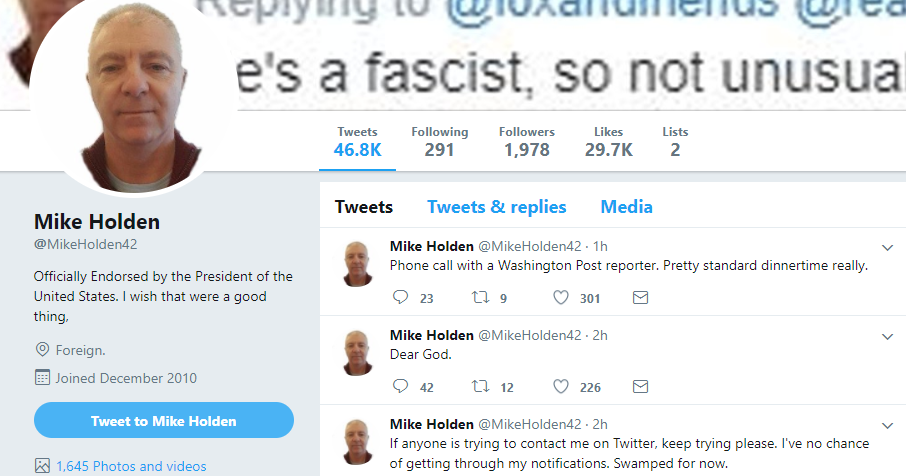 Twitter de Mike Holden después de que Trump reuiteó un mensaje suyo