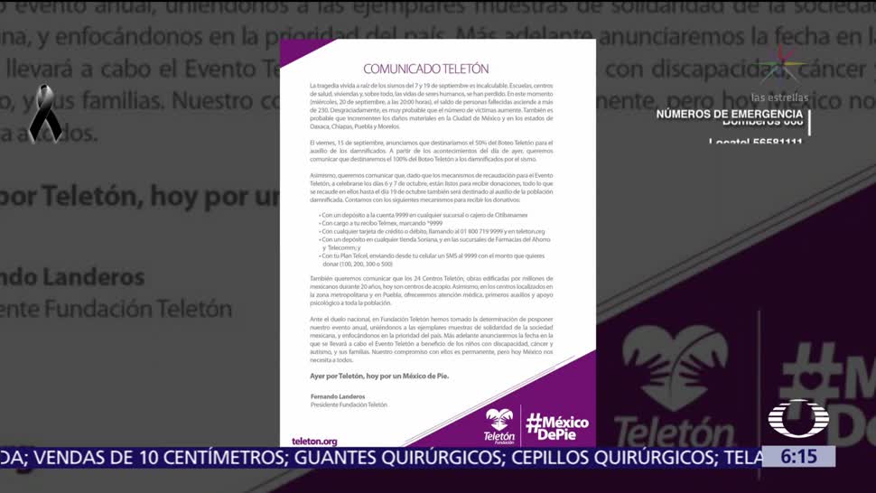 Teletón destinará 100% del boteo a damnificados del sismo en México