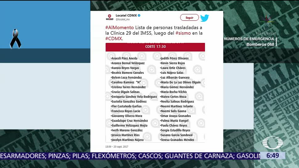 Locatel difunde lista de heridos hospitalizados tras sismo