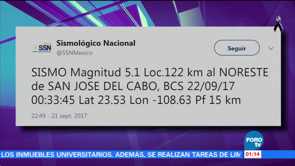 Se registra sismo en Baja California Sur