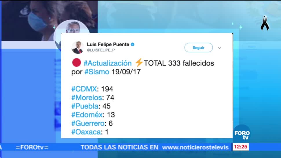 Suman 333 fallecidos por sismo del 19 de septiembre en México