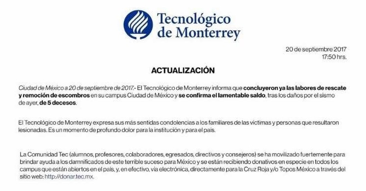 El Tec de Monterrey concluye labores de rescate