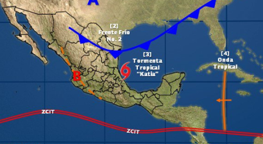Mapa de la ubicación de la tormenta tropical Katia