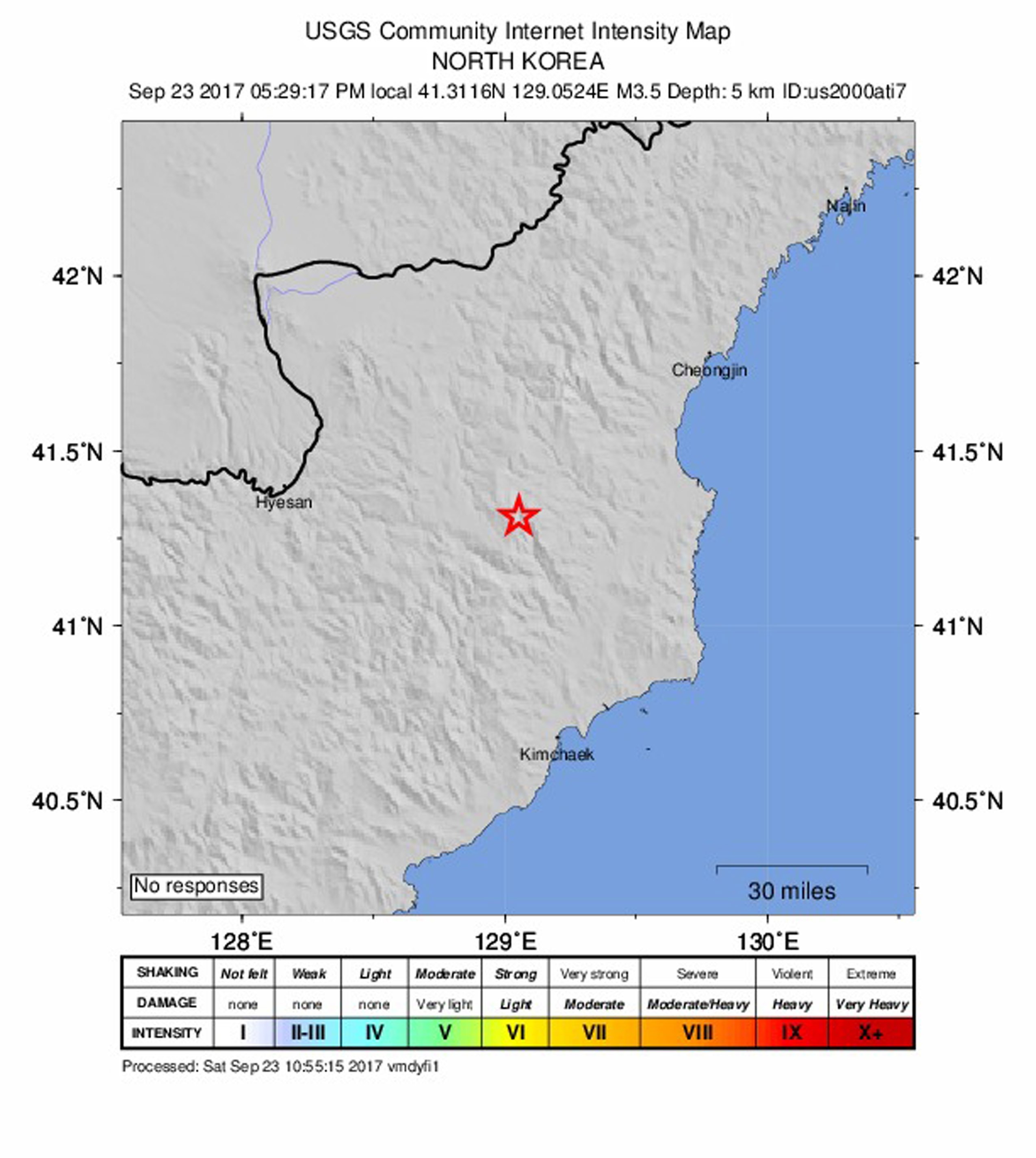 Gráfico del USGS con la ubicación del sismo en Corea del Norte