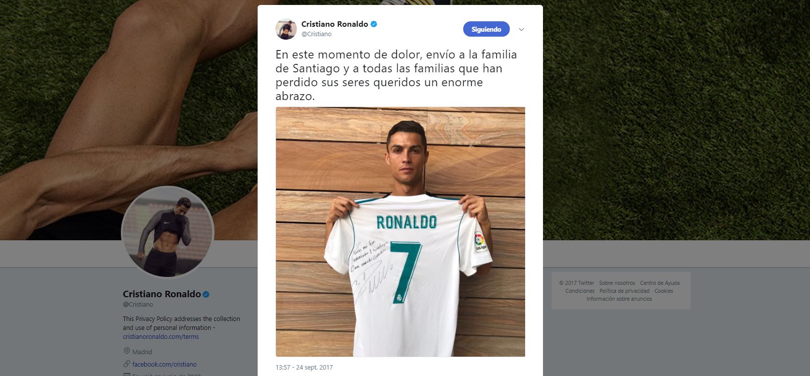 Tuit de Cristiano Ronaldo sobre menor fallecido en el Rébsamen