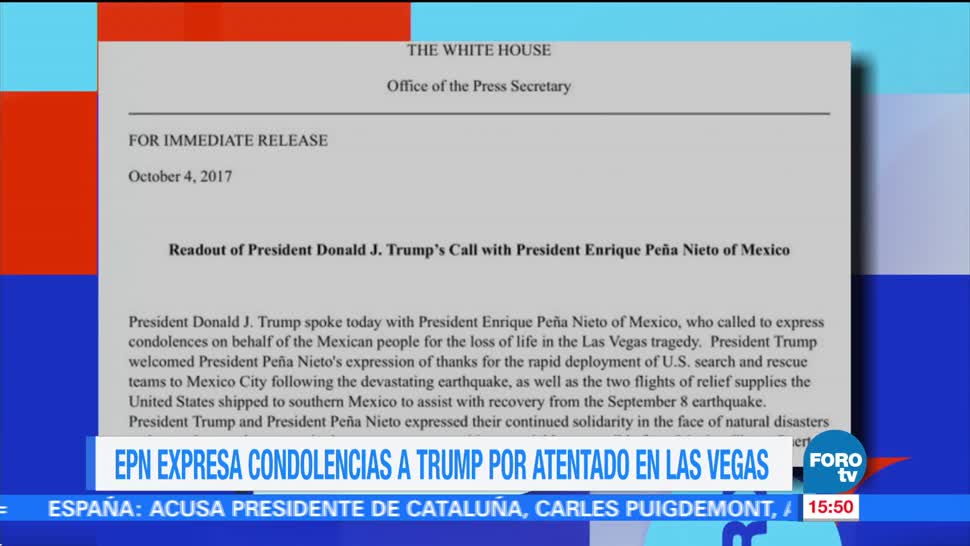 EPN expresa condolencias a Trump por atentado en Las Vegas