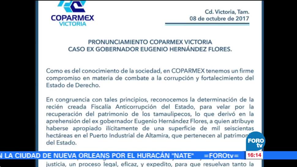 Una victoria la detención de exgobernador de Tamaulipas: Coparmex