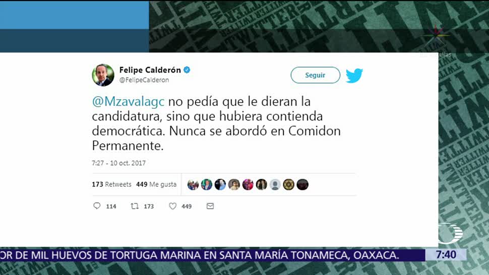 Felipe Calderón defiende a Margarita Zavala en Twitter