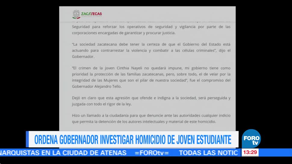 Ordena gobernador de Zacatecas investigar homicidio de joven