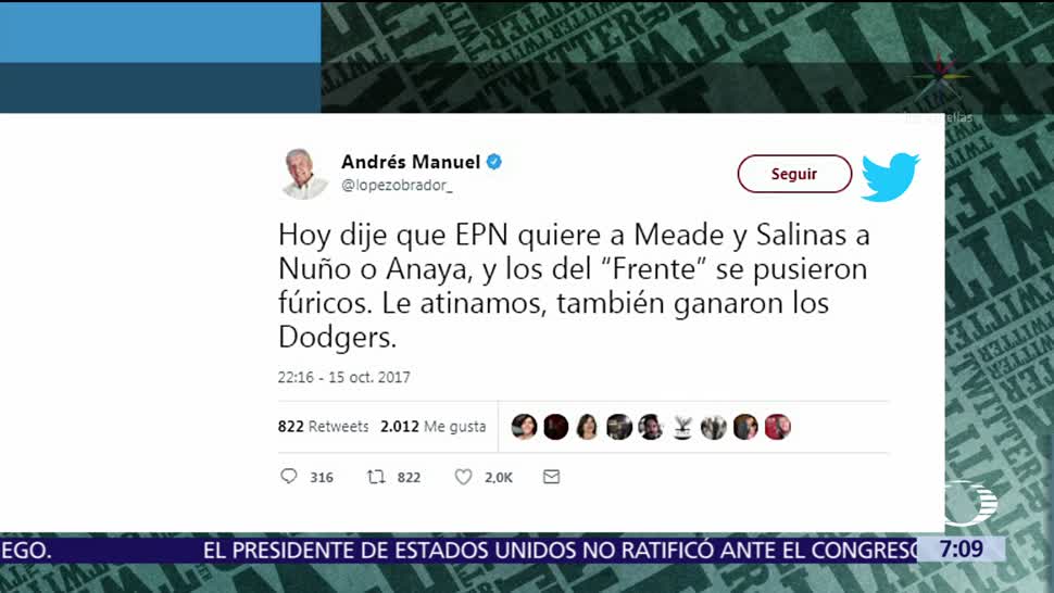 AMLO afirma que Peña Nieto quiere a Meade