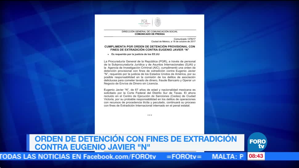 PGR cumplimenta orden de detención con fines de extradición contra Eugenio Hernández