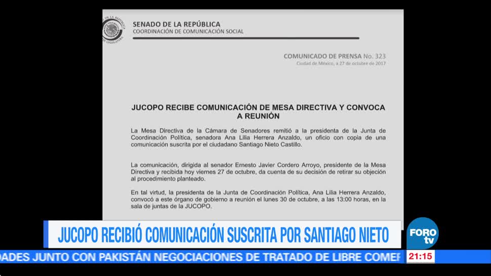 Jucopo recibe comunicación suscrita por Santiago Nieto