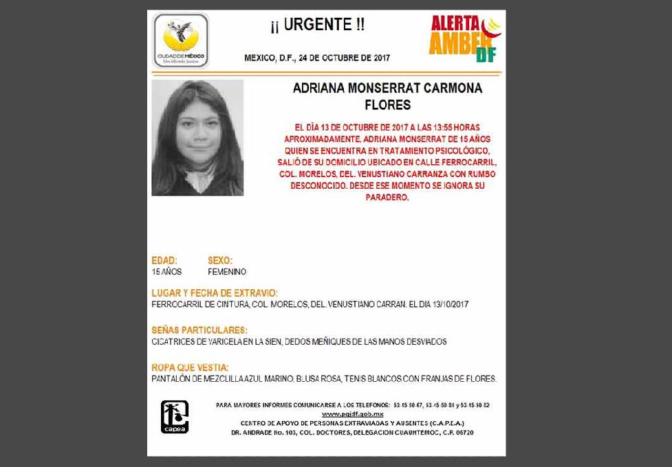 Activan Alerta Amber para localizar a Adriana Monserrat Carmona Flores