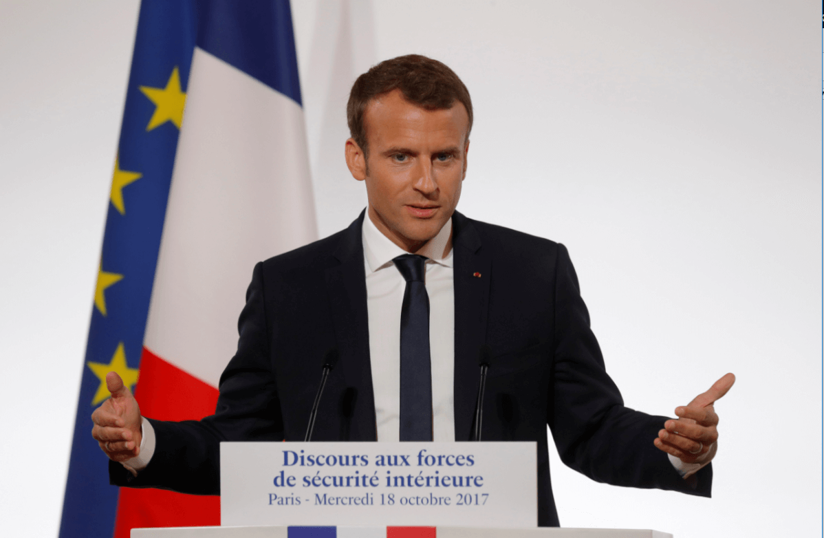 Emmanuel Macron, presidente de Francia, durante mensaje sobre seguridad