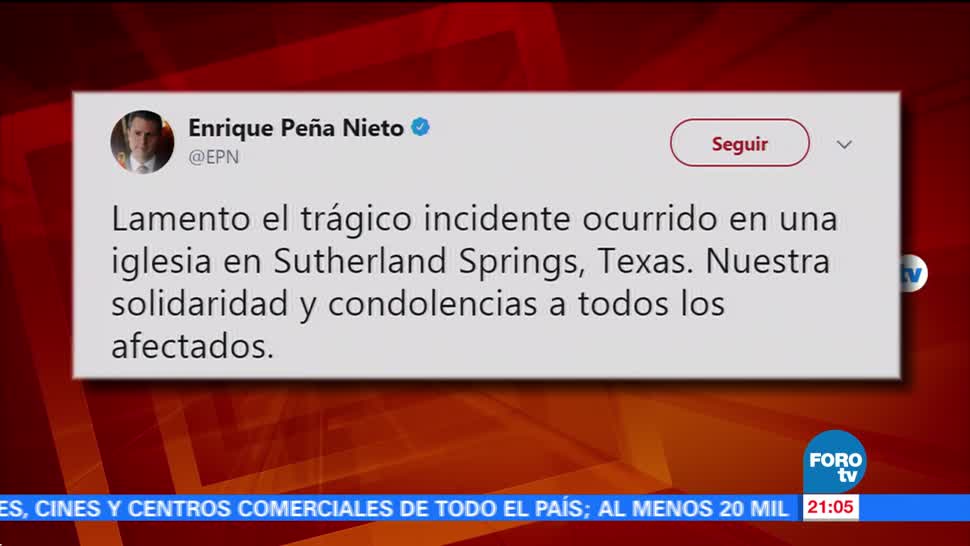 Peña Nieto expresa solidaridad por víctimas del tiroteo en iglesia de Texas