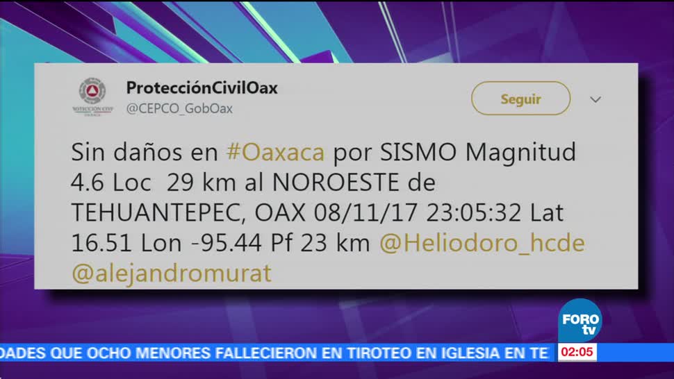No se reportan daños por sismo en Oaxaca