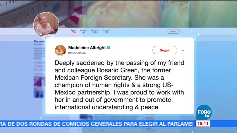 Madeleine Albright expresa sus condolencias por la muerte de Rosario Green