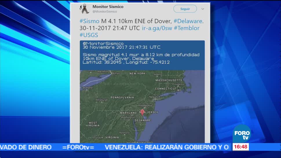 Sismo de magnitud 4.4 se registra en Delaware