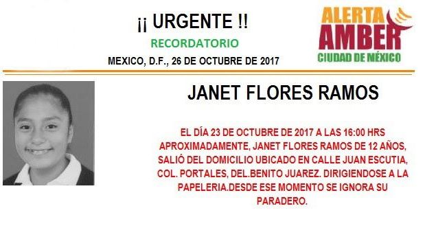 Reactivan Alerta Amber para localizar a la menor Janet Flores Ramos
