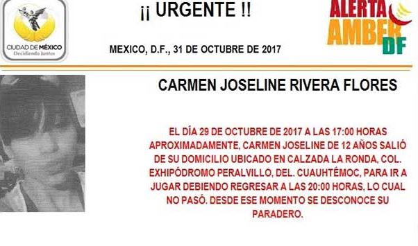 Desactivan Alerta Ámber para localizar a Carmen Joseline Rivera Flores. (PGJCDMX)