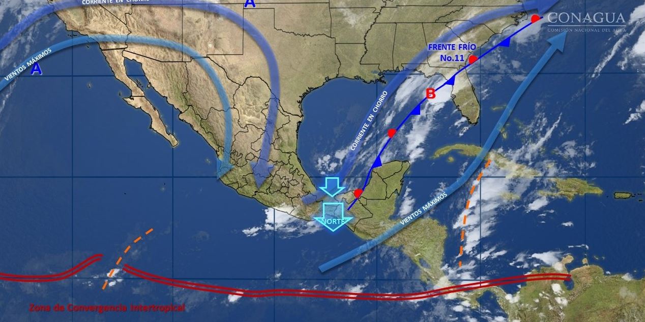Mapa con el pronóstico del clima para este 23 de noviembre; frente frío 11 provocará bajas temperaturas y heladas en México. (SMN)