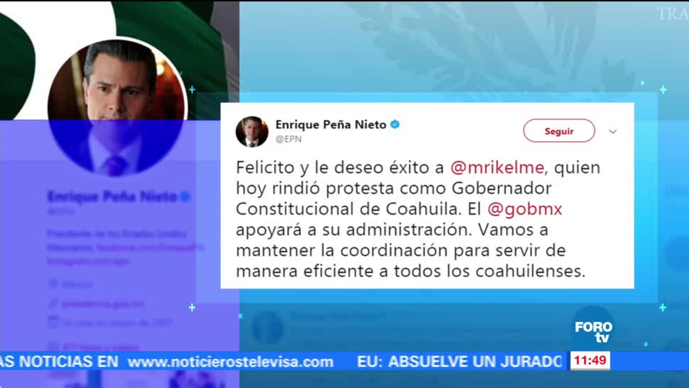EPN felicita a Miguel Riquelme, gobernador constitucional de Coahuila