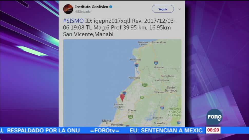 Se registra sismo de magnitud de 6.0 en Ecuador
