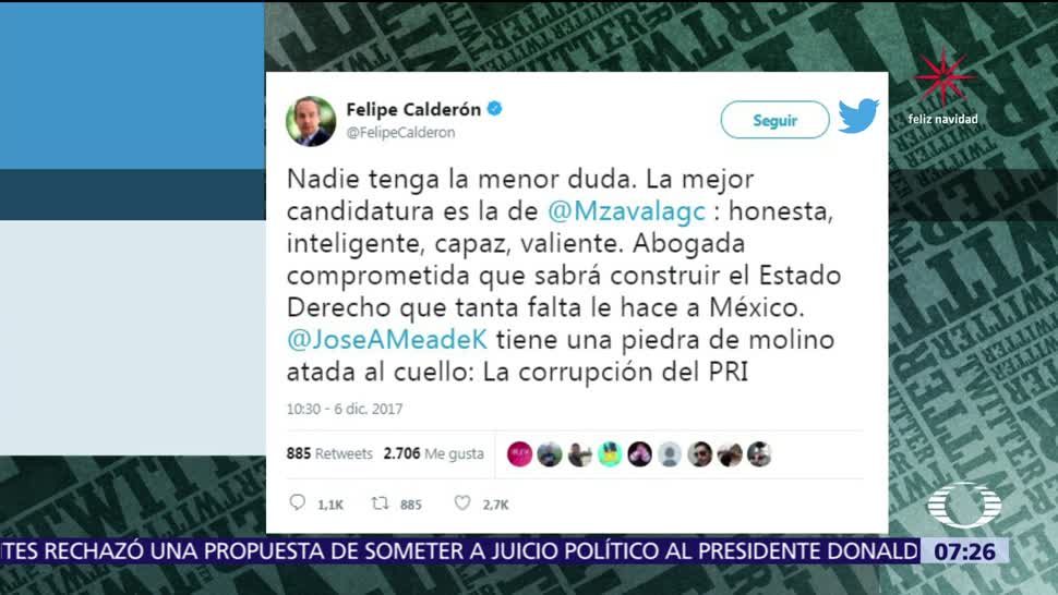 Felipe Calderón arremete contra Meade y elogia a su esposa Margarita Zavala