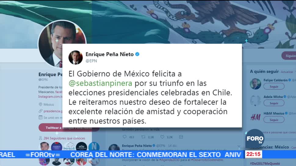 Peña Nieto felicita a Sebastián Piñera por ganar elección en Chile
