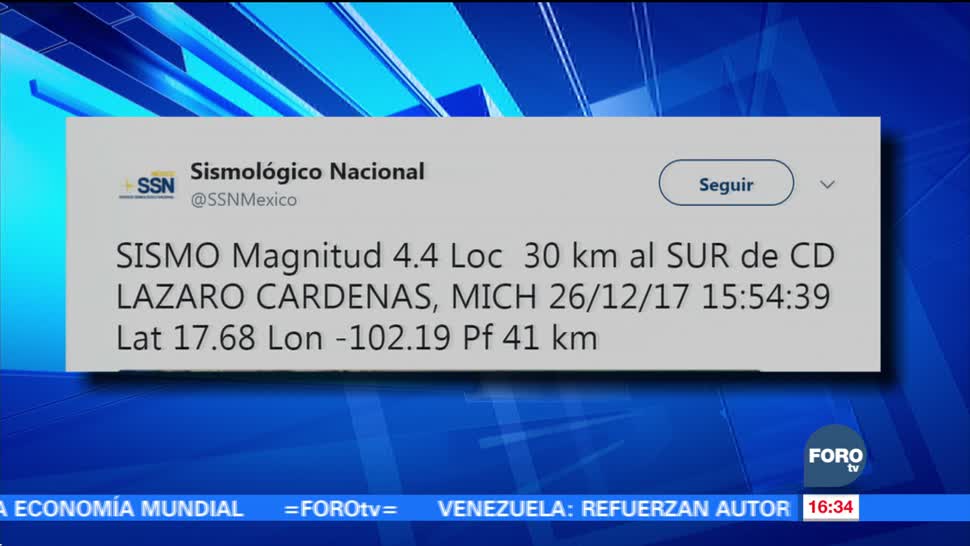 Se registra sismo de baja intensidad en Michoacán