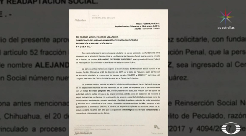 Chihuahua expidió documento que pide traslado de Alejandro Gutiérrez al Cefereso 9