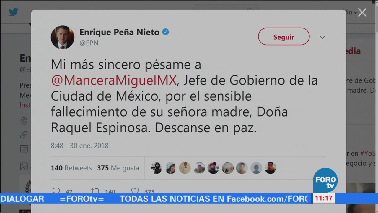 Presidente Peña Nieto envía pésame a Miguel Ángel Mancera