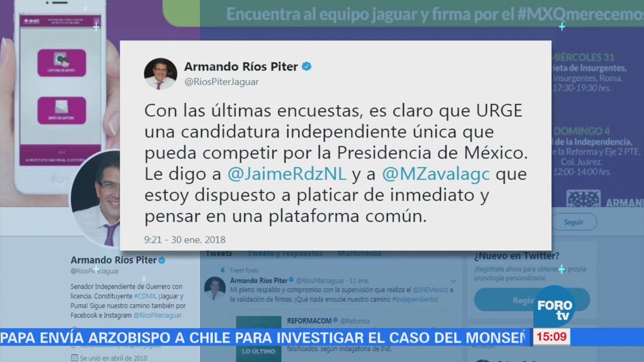 Ríos Piter plantea candidatura única independiente