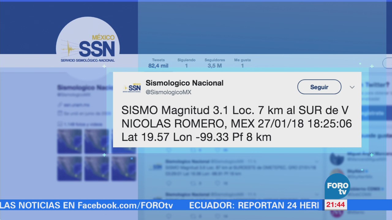 Se registra sismo en Nicolás Romero, Estado de México